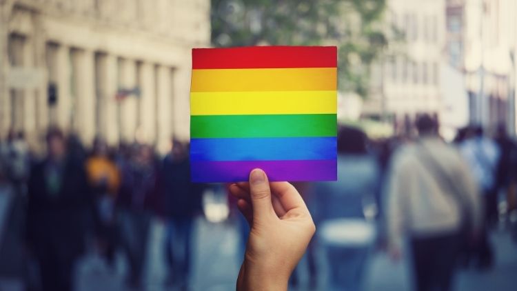 LGBT community member holding a protest banner with pride flag 