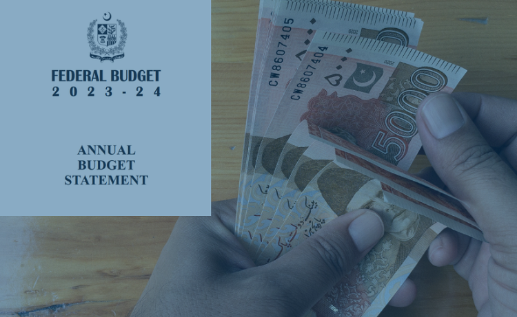 Man counting PKR 5000 notes with the overlay the budget document screenshot