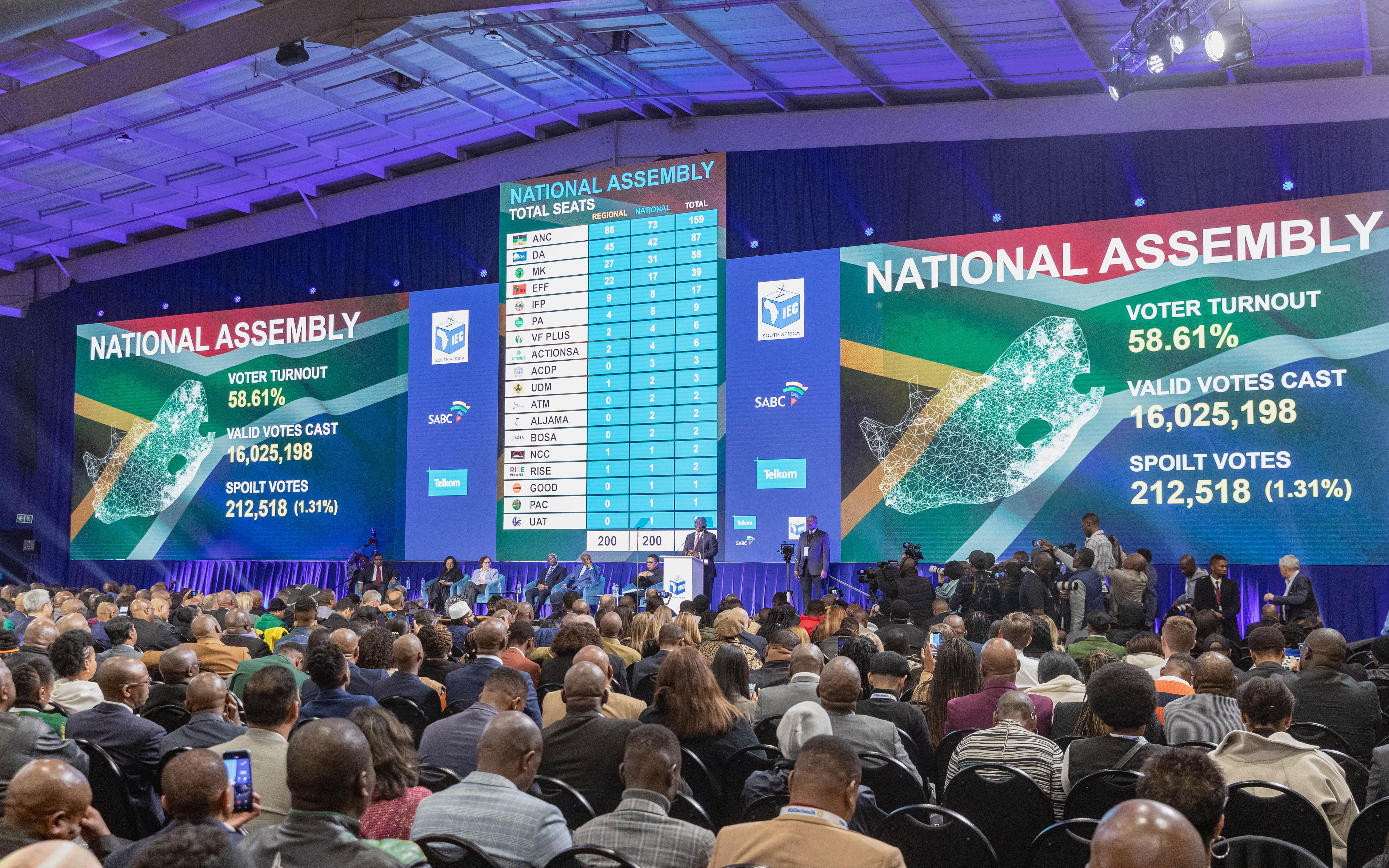 die endgültigen Ergebnisse der Sitzverteilung in der Nationalversammlung bei den südafrikanischen Parlamentswahlen 2024