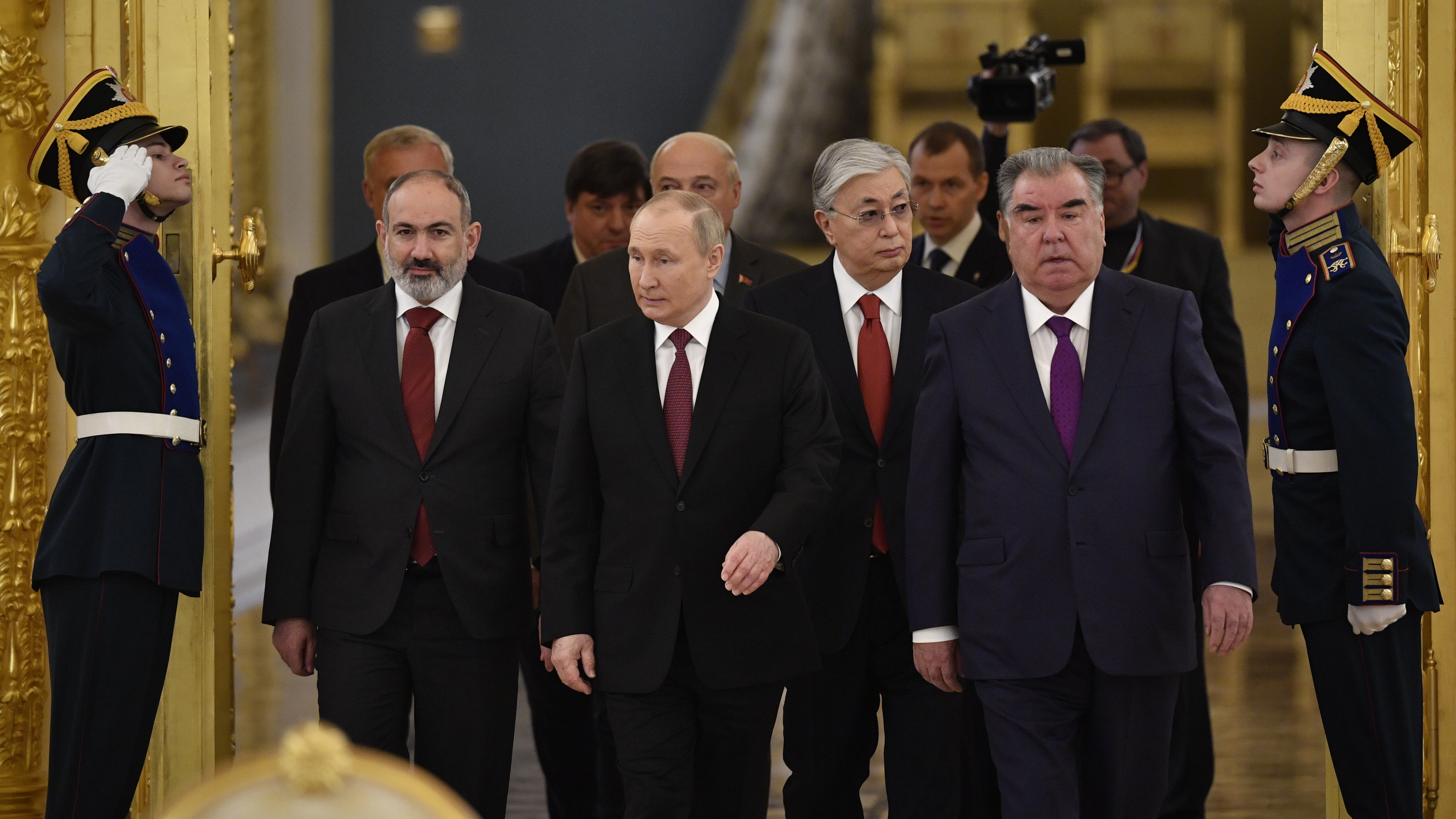 From left, Armenian Prime Minister Nikol Pashinyan, Russian President Vladimir Putin, Kazakhstan's President Kassym-Jomart Tokayev and Tajikistan's President Emomali Rahmon enter a hall prior to a meeting of the leaders of the Collective Security Treaty Organization (CSTO) at the Kremlin in Moscow, Russia, Monday, May 16, 2022.