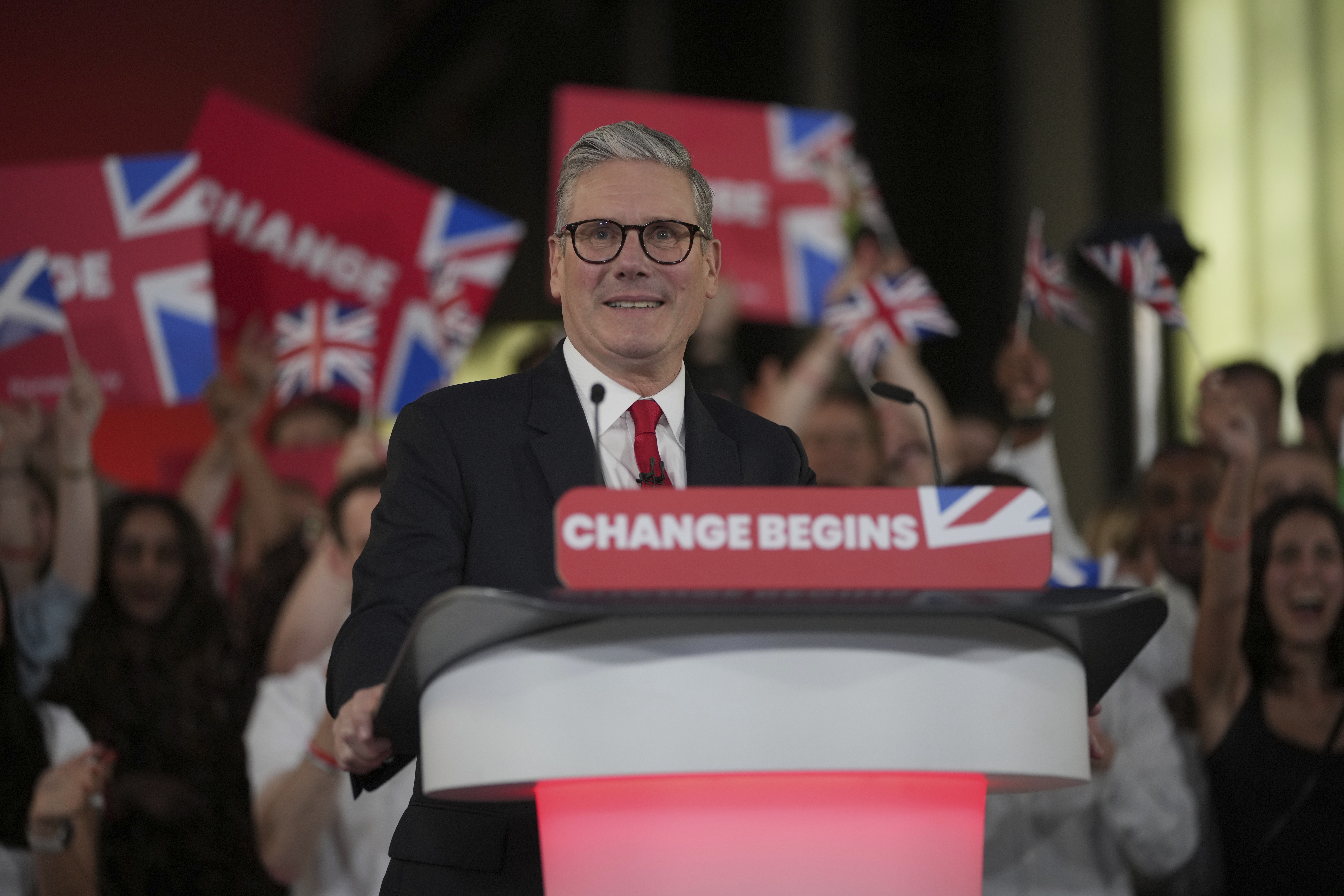 Labour Party leader Keir Starmer speaks to his supporters at the Tate Modern in London, Friday, July 5, 2024. 