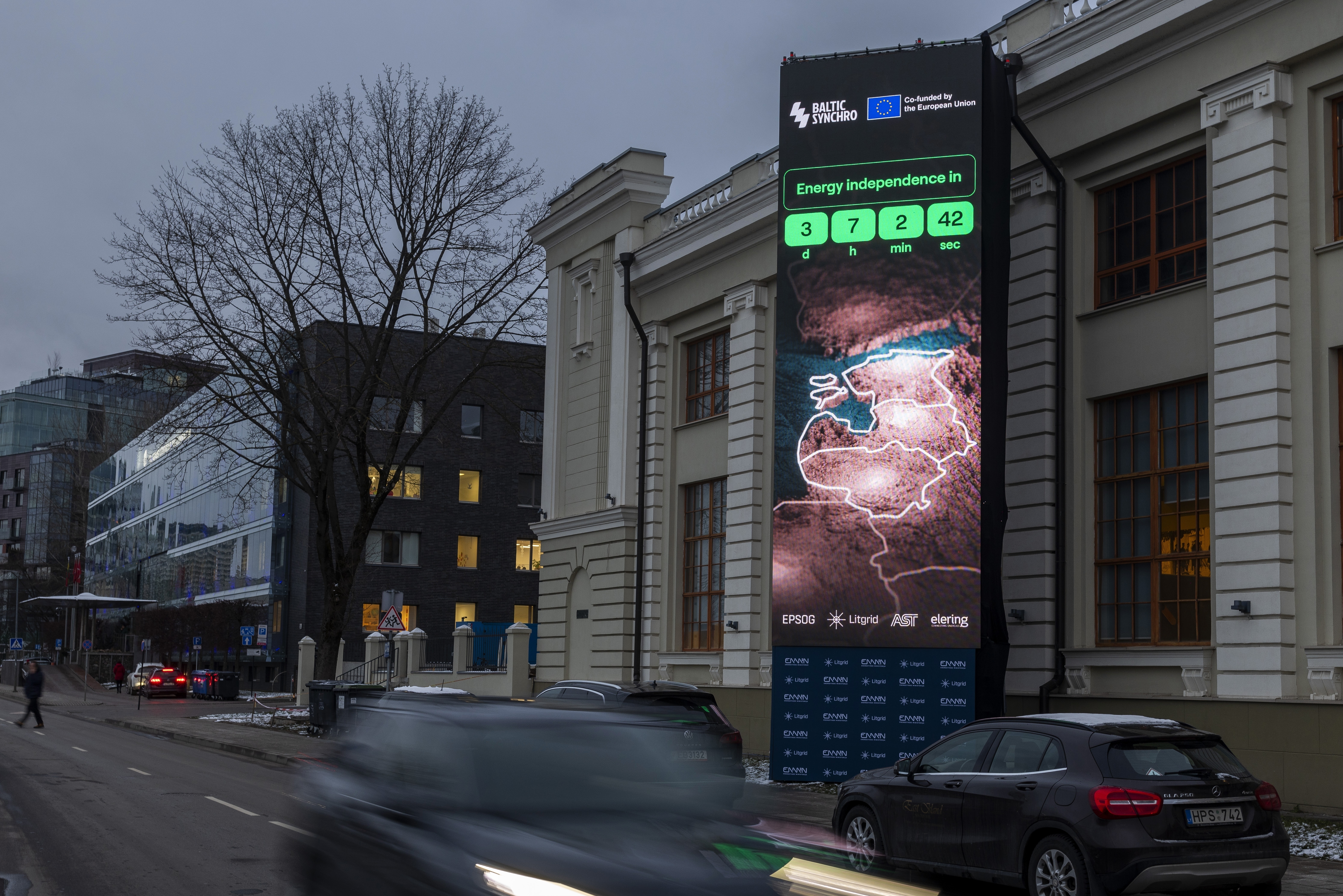 A screen near the Energy Museum and Mindaugas Bridge indicates that on February 8 the Baltic States will disconnect from the Russian electricity grid to synchronise with Continental Europe, in Vilnius, Lithuania