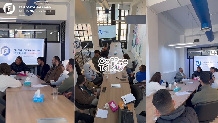 A collage from the first Coffee Talk session by FNF Jordan, showing participants in a lively discussion around a long table in a modern, well-lit space.