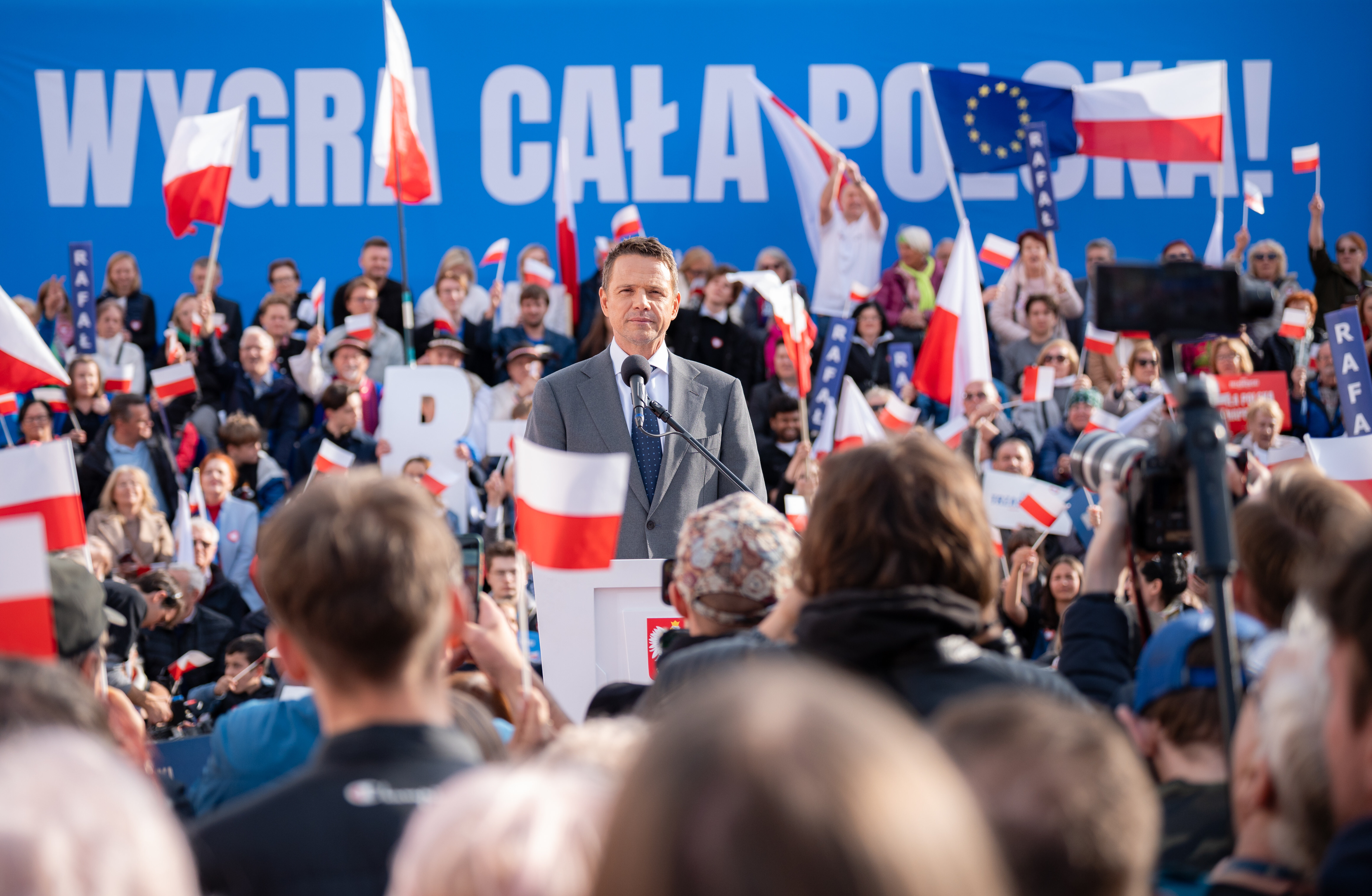 Rafal Trzaskowski, the mayor of Warsaw and candidate of the Liberal Civic Coalition, holds an election campaign event and rally with voters at the Main Market Square in Krakow, Poland.