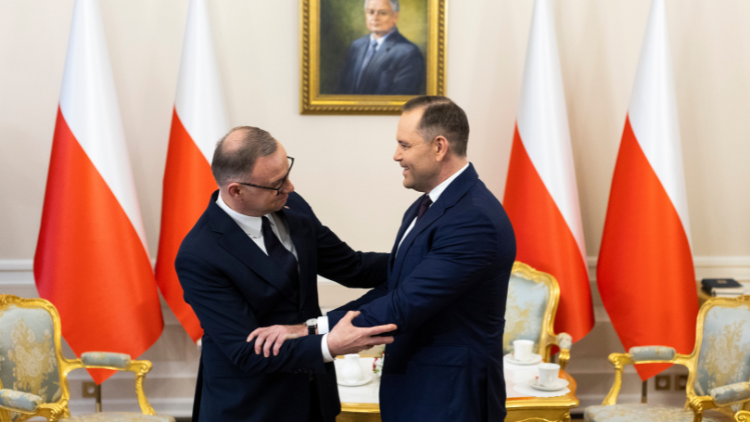 The President of the Republic of Poland Andrzej Duda (L) at a meeting with President-elect Karol Nawrocki after the Polish presidential election at the Presidential Palace in Warsaw.
