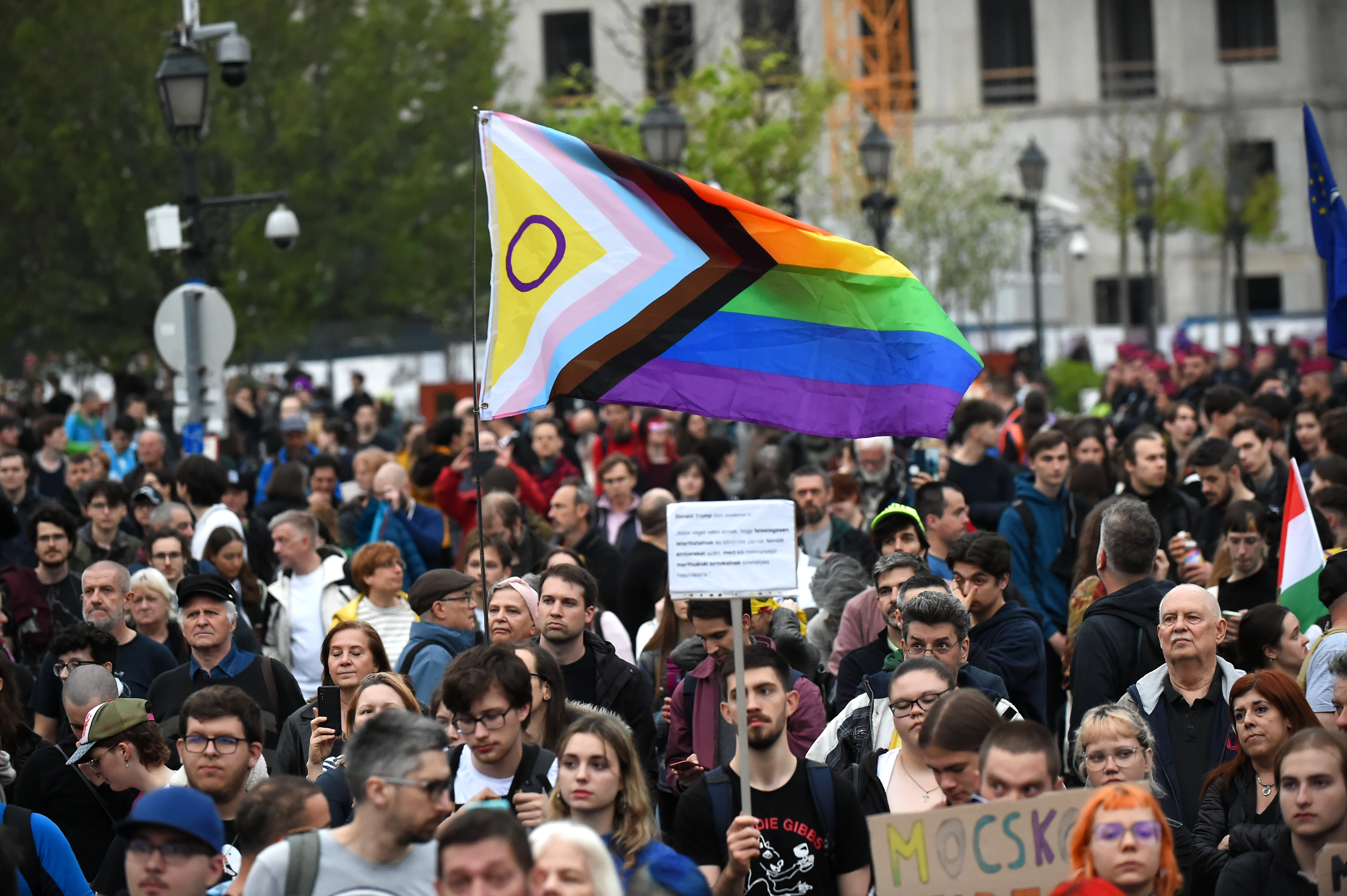 Protesters gather in front of the Office of the Hungarian President in Budapest, Hungary, on April 15. The protests erupt after the parliament passes legislation restricting the right to assembly, banning Pride Marches. 
