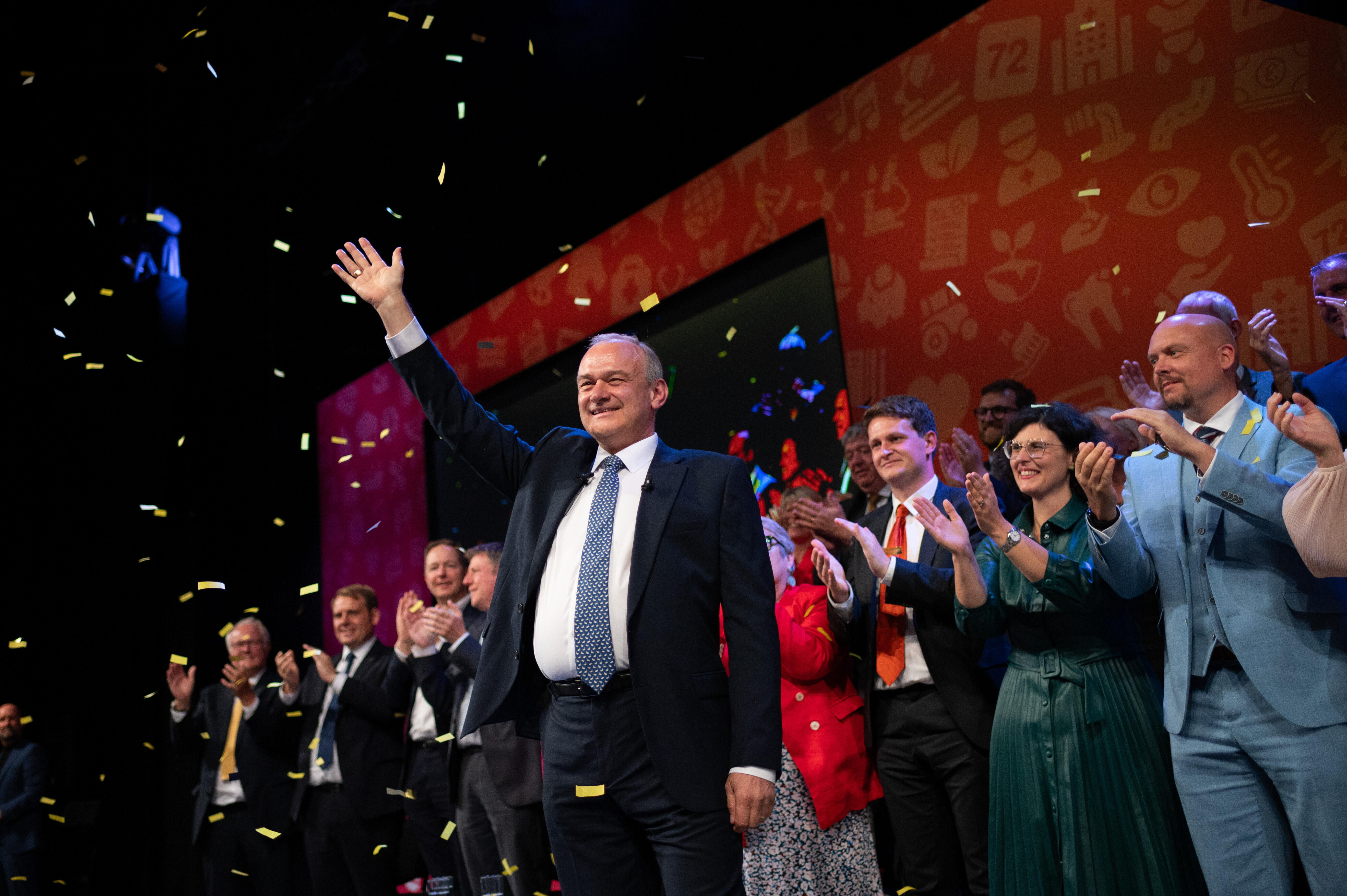 Liberal Democrats leader, Ed Davey MP seen on stage after his keynote speech.
