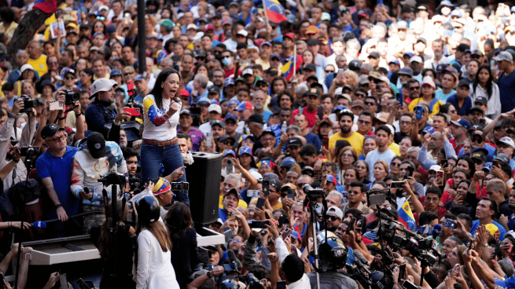 Opposition leader Maria Corina Machado addresses supporters during a protest against Venezuelan President Nicolas Maduro. 