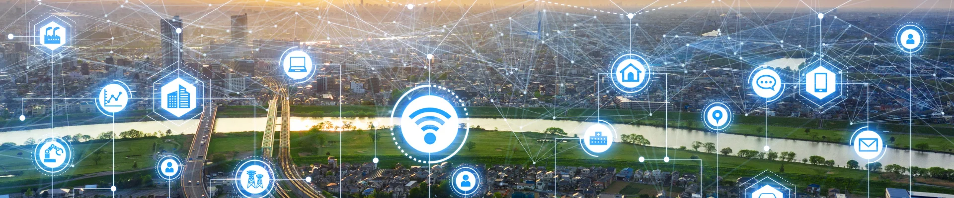 A city landscape with smart city icons on it