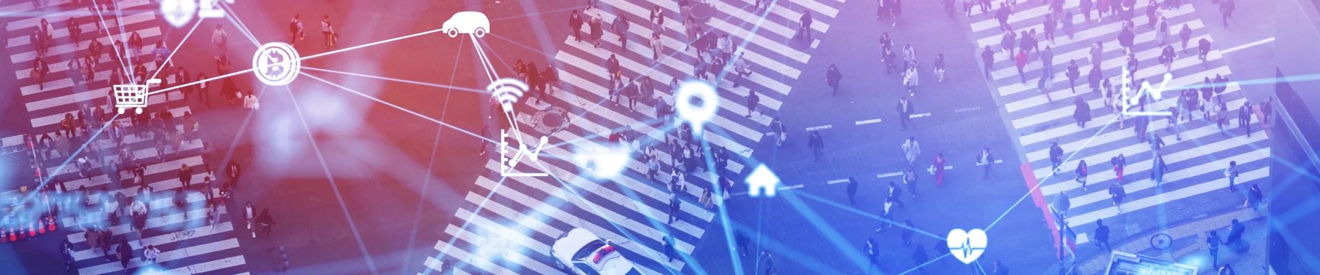 people crossing the road with smart icons on it