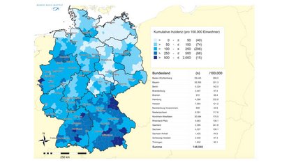 Übermittelte COVID-19-Fälle in Deutschland nach Landkreis und Bundesland (n= 148.046, 23.04.2020, 0:00 Uhr). Die Fälle werden nach dem Landkreis ausgewiesen, aus dem sie übermittelt wurden. Dies entspricht in der Regel dem Wohnort, der nicht mit dem wahrscheinlichen Infektionsort übereinstimmen muss.