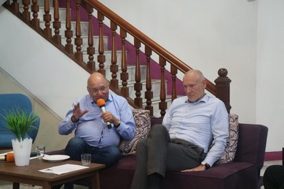 Dr. René Klaff (Head of International Department, FNF)--holding a mic--sat next to Moritz Kleine-Brockhoff (Head, Regional Office Southeast and East Asia, FNF)