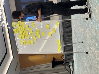 Rahman Imuda standing next to a white board showing the results of a media mapping exercise.