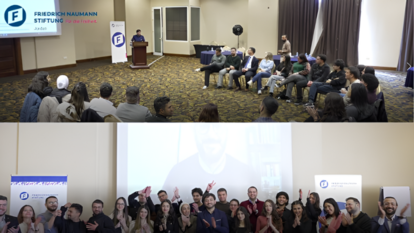 A collage from the Free Youth Course by FNF Jordan, featuring a speaker addressing participants and a lively group celebrating the event’s success