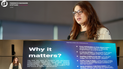 FNF alumna Claudine Kishek leads the presentation of the analytical study evaluating the first 100 days of Parliament.