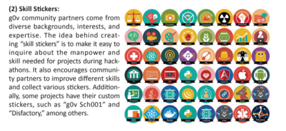 Stickers made by g0v members for participants to show what expertise they can contribute.