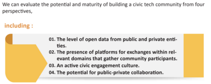 Elements for evaluate the potential and maturity to build up a civic tech community.