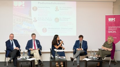 v.l.: Dr. Hans-Dieter Holtzmann, Projektleiter Argentinien der Friedrich-Naumann-Stiftung für die Freiheit; Prof. Karl-Heinz Paqué, Vorstandsvorsitzender der Friedrich-Naumann-Stiftung für die Freiheit; Diana Luna, Referentin für Lateinamerika der Friedrich- Naumann-Stiftung für die Freiheit; Ezequiel Daray, Wirtschafts- und Finanzanalyst an der Frankfurter Börse und Journalist bei der Deutschen Welle und Dr. Hildegard Stausberg, Journalistin und Stellv.Vorstandsvorsitzende der AFOS Stiftung für Unternehmer