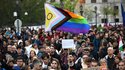 Protesters gather in front of the Office of the Hungarian President in Budapest, Hungary, on April 15. The protests erupt after the parliament passes legislation restricting the right to assembly, banning Pride Marches. 