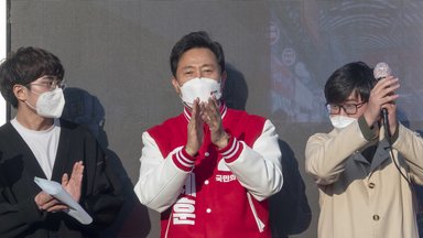 Der Wahlsieger der Wahlen in Seoul, Oh Se-Hoon, beim Wahlkampf