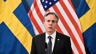 US-Außenminister Antony Blinken spricht während eines Pressetermins in der Luftflotte F 21, Kallaxheden in Lulea, Schweden, am 30. Mai 2023. 
