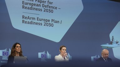 European Union foreign policy chief Kaja Kallas, center, and European Commissioner for Defense and Space Andrius Kubilius, right, address a media conference regarding the White Paper on the Future of European Defense 