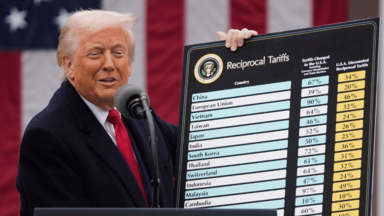 Präsident Donald Trump spricht während einer Veranstaltung zur Ankündigung neuer Zölle im Rosengarten des Weißen Hauses,