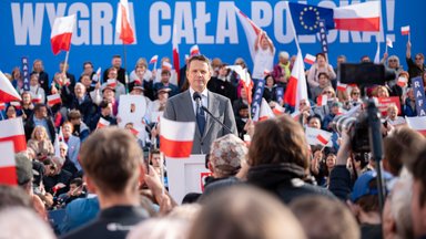 Rafal Trzaskowski, the mayor of Warsaw and candidate of the Liberal Civic Coalition, holds an election campaign event and rally with voters at the Main Market Square in Krakow, Poland.