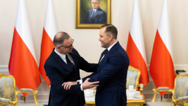 The President of the Republic of Poland Andrzej Duda (L) at a meeting with President-elect Karol Nawrocki after the Polish presidential election at the Presidential Palace in Warsaw.