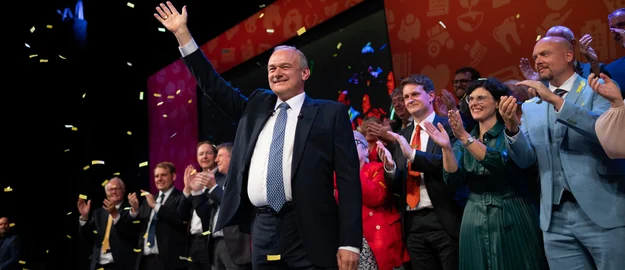 Liberal Democrats leader, Ed Davey MP seen on stage after his keynote speech.